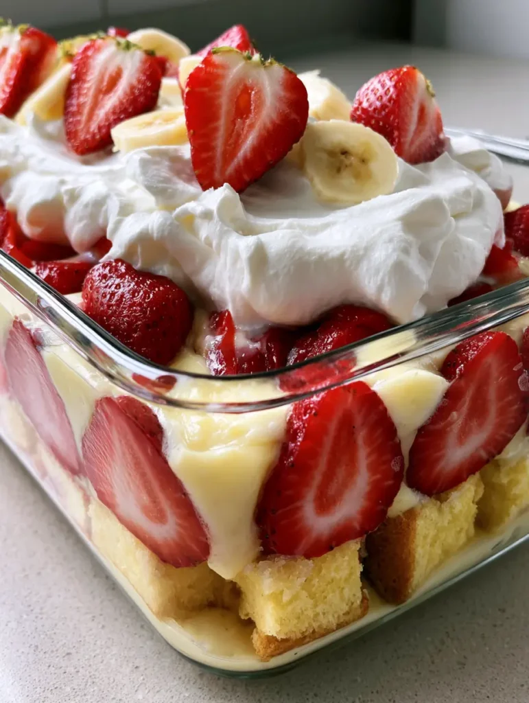 Strawberry Banana Pudding Cake: The Ultimate Layered Summer Dessert 2 Close-up of Strawberry Banana Pudding Cake showing the golden sponge cake base and velvety banana pudding layer.