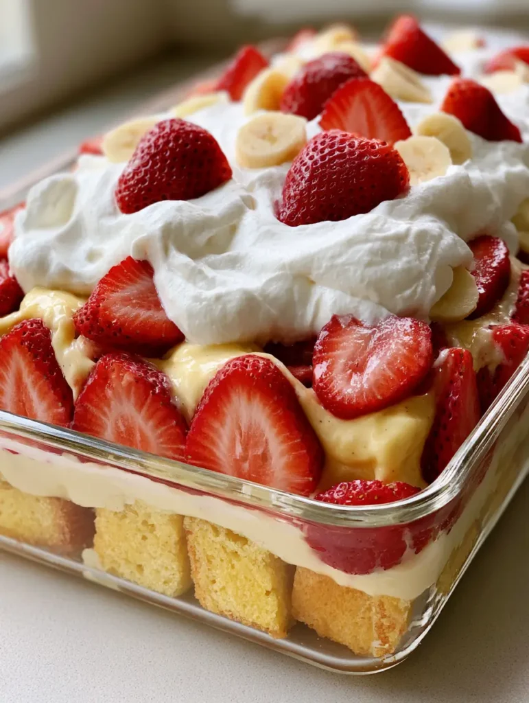 Strawberry Banana Pudding Cake: The Ultimate Layered Summer Dessert 1 Overhead view of Strawberry Banana Pudding Cake topped with smooth white whipped cream, strawberries, and bananas.