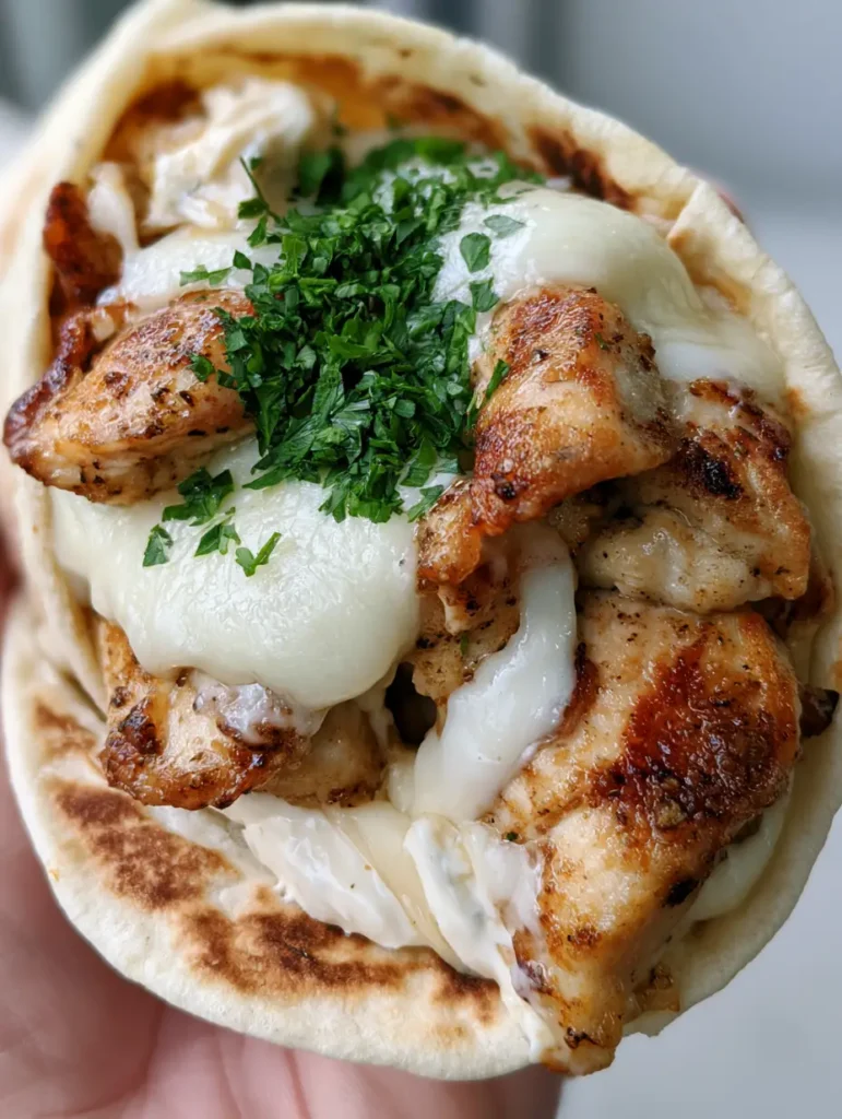 Cheesy Garlic Chicken Wraps with Melted Mozzarella and Garlic Sauce 1 Cheesy Garlic Chicken Wraps being held in hand, highlighting the creamy garlic sauce and fresh green parsley garnish.