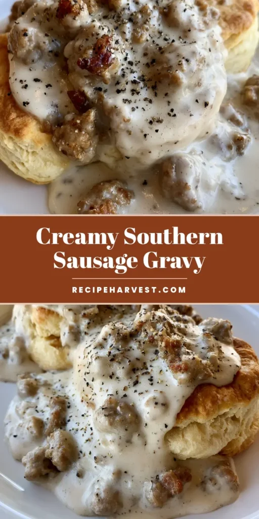 Pioneer Woman Sausage Gravy: The Ultimate Comfort Breakfast 3 Close-up of split buttermilk biscuits covered in thick white Pioneer Woman Sausage Gravy with black pepper flakes.