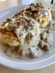 Smartphone photo of two biscuits drenched in creamy Pioneer Woman Sausage Gravy on a white plate.