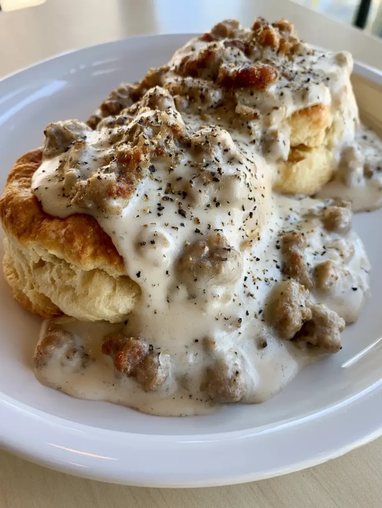 Pioneer Woman Sausage Gravy: The Ultimate Comfort Breakfast 2 Smartphone photo of two biscuits drenched in creamy Pioneer Woman Sausage Gravy on a white plate.
