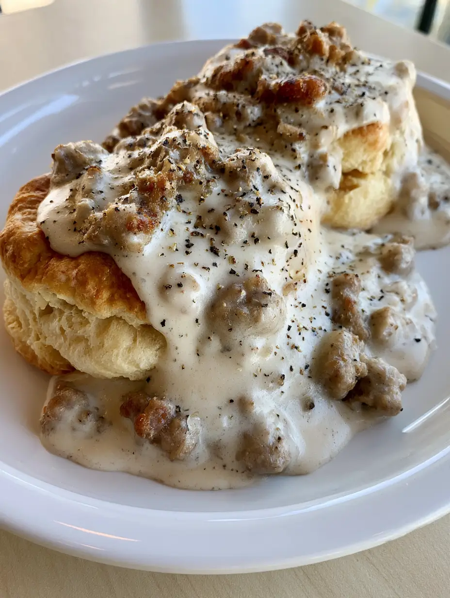 Pioneer Woman Sausage Gravy: The Ultimate Comfort Breakfast 4 Smartphone photo of two biscuits drenched in creamy Pioneer Woman Sausage Gravy on a white plate.