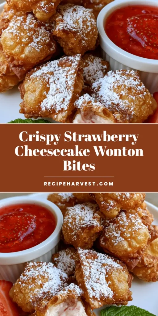 A close-up shot of golden-brown Strawberry Cheesecake Wonton Bites piled on a white plate with a glossy strawberry dipping sauce and fresh mint garnish.