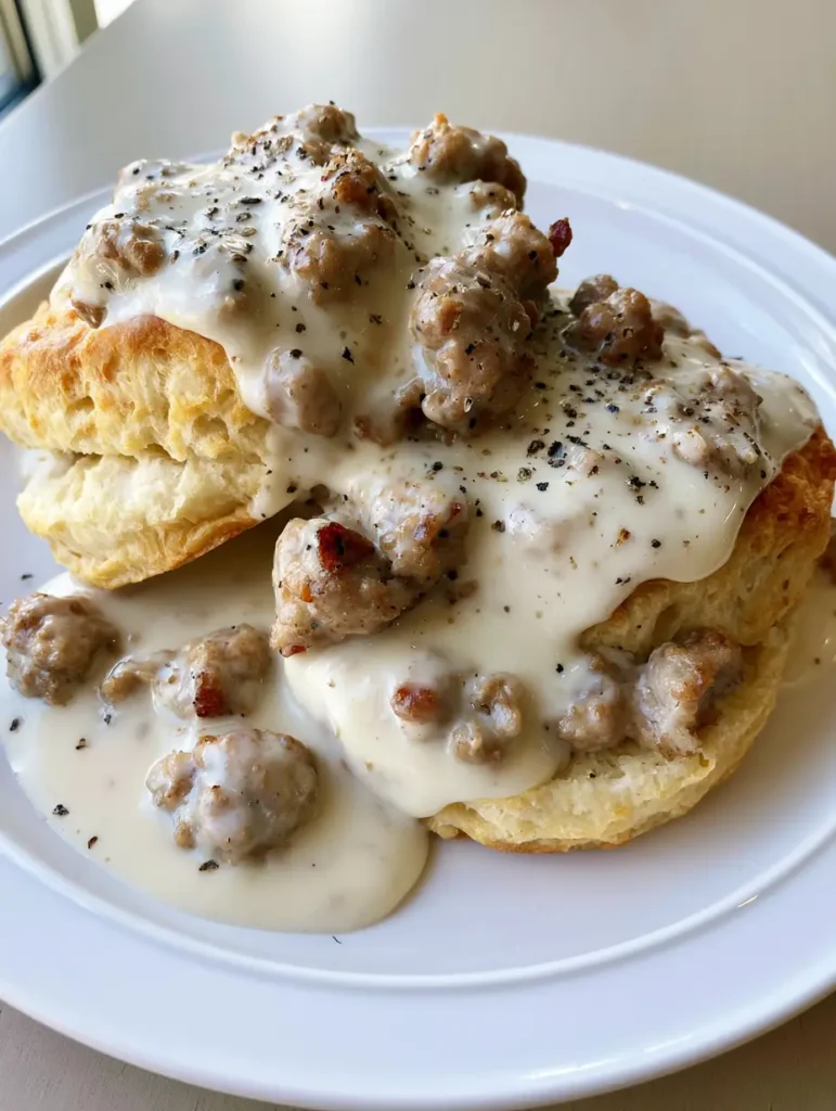 Pioneer Woman Sausage Gravy: The Ultimate Comfort Breakfast 1 Detailed shot of seared pork sausage crumbles inside a thick white cream gravy.