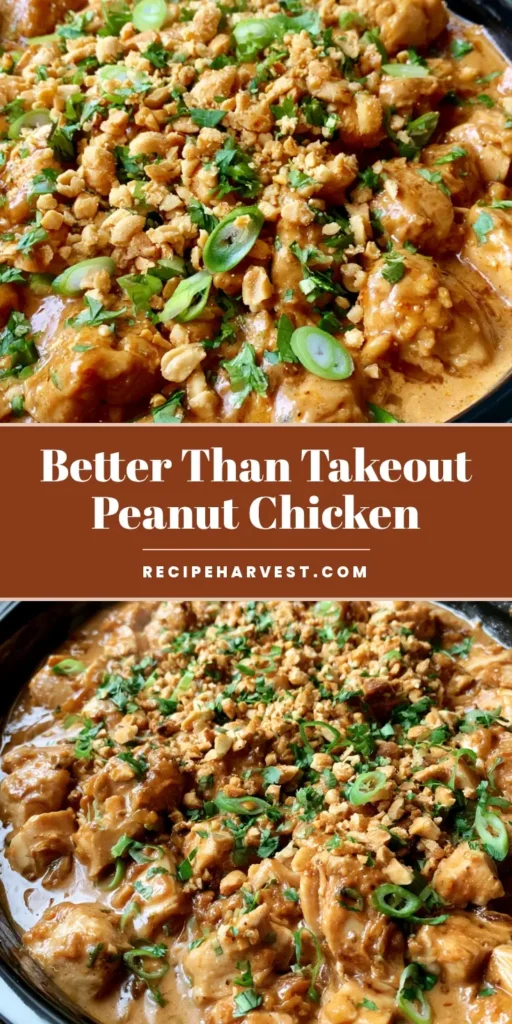 Slow Cooker Peanut Chicken: The Ultimate Creamy Crockpot Dinner 4 A top-down view of Slow Cooker Peanut Chicken in a black crockpot, topped with crushed peanuts, green onions, and fresh cilantro.