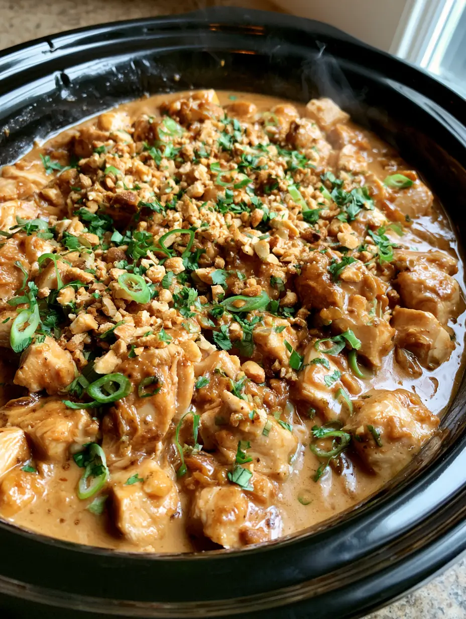 Slow Cooker Peanut Chicken: The Ultimate Creamy Crockpot Dinner 3 Close up of moist chicken chunks coated in thick creamy peanut sauce with visible steam and garnishes. (Slow Cooker Peanut Chicken)