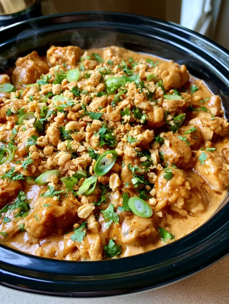 Slow Cooker Peanut Chicken: The Ultimate Creamy Crockpot Dinner 1 A smartphone photo of Slow Cooker Peanut Chicken inside a crockpot, showing the vibrant green cilantro and sliced green onions.