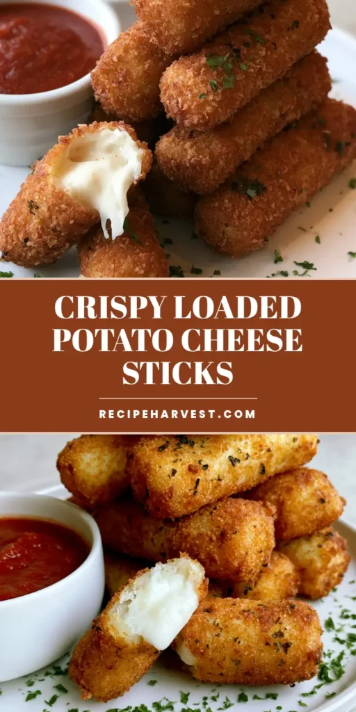 Potato Cheese Sticks: The Ultimate Crispy & Cheesy Viral Recipe 4 A tall stack of crispy golden-brown Potato Cheese Sticks with a stretchy mozzarella core and marinara dipping sauce.