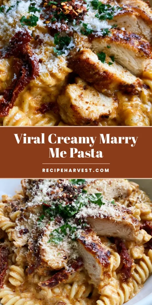 Marry Me Chicken Pasta Recipe with Sun-Dried Tomato Cream Sauce 4 A shallow white bowl of Marry Me Chicken Pasta with rotini, sun-dried tomato cream sauce, and seared chicken slices.