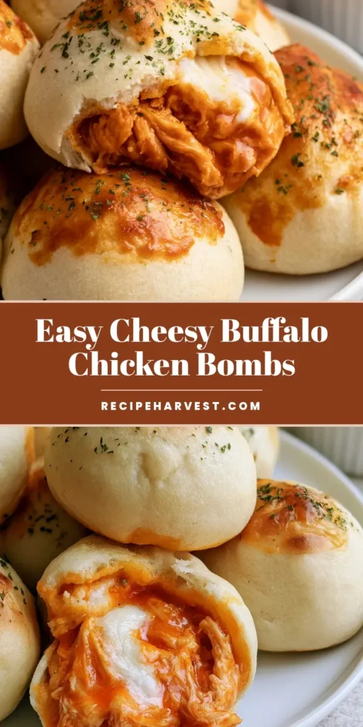 A stack of golden-brown Buffalo Chicken Bombs on a white plate with one torn open to reveal cheesy buffalo chicken filling and a side of ranch.