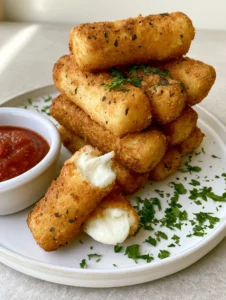 Close up of Potato Cheese Sticks on a white plate showing the rough panko texture and herb flecks.