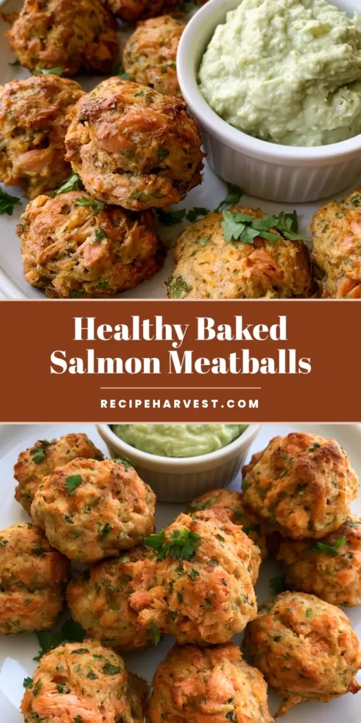 A Pinterest pin featuring golden-brown Salmon Meatballs on a white ceramic plate with a side of thick creamy avocado sauce.