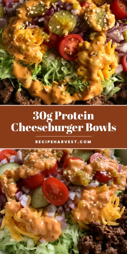 A vibrant deconstructed High-Protein Cheeseburger Bowl with seared ground beef, melted cheddar, fresh lettuce, and special sauce. (High-Protein Cheeseburger Bowls)