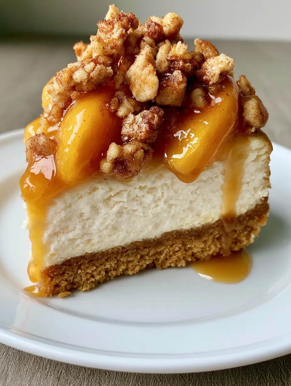 Handheld photo of Southern Peach Cobbler Cheesecake showing the dense creamy ivory layer and glazed peaches.