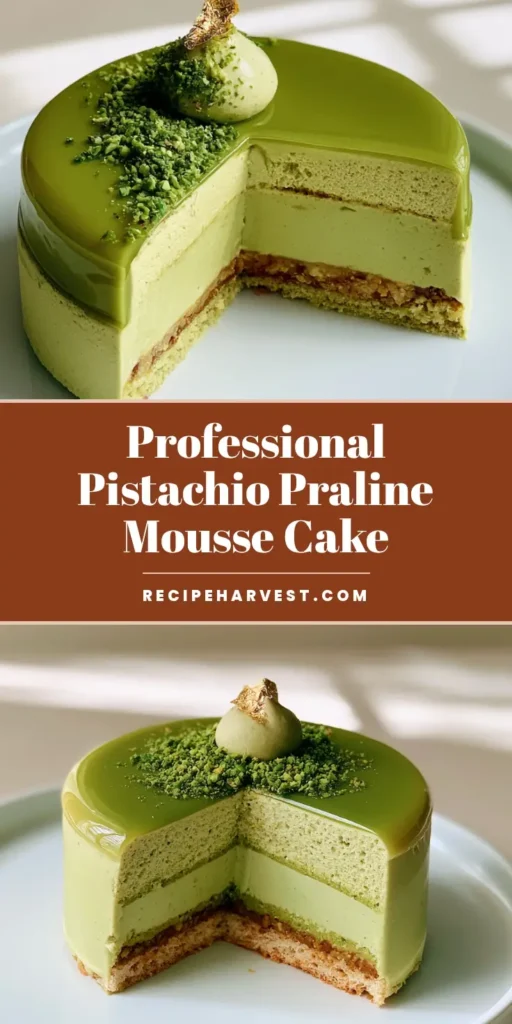 Pistachio Praline Entremet: The Ultimate French Pastry Masterpiece 4 A handheld smartphone photo of a sliced Pistachio Praline Entremet showing a green mirror glaze, pistachio mousse, and a golden crunchy praline layer.