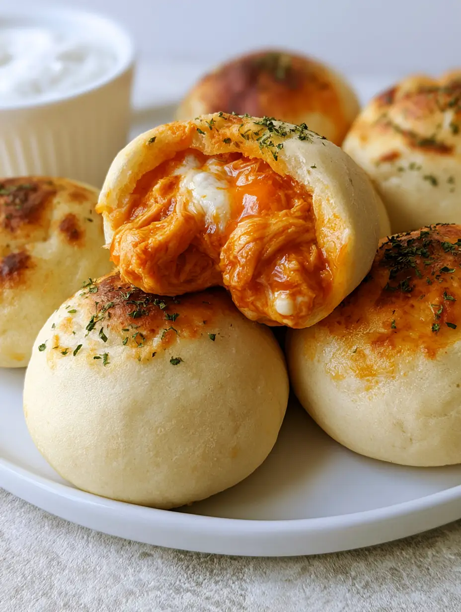 A close-up of baked Buffalo Chicken Bombs showing the toasted golden dough peaks and parsley flakes. (Buffalo Chicken Bombs)
