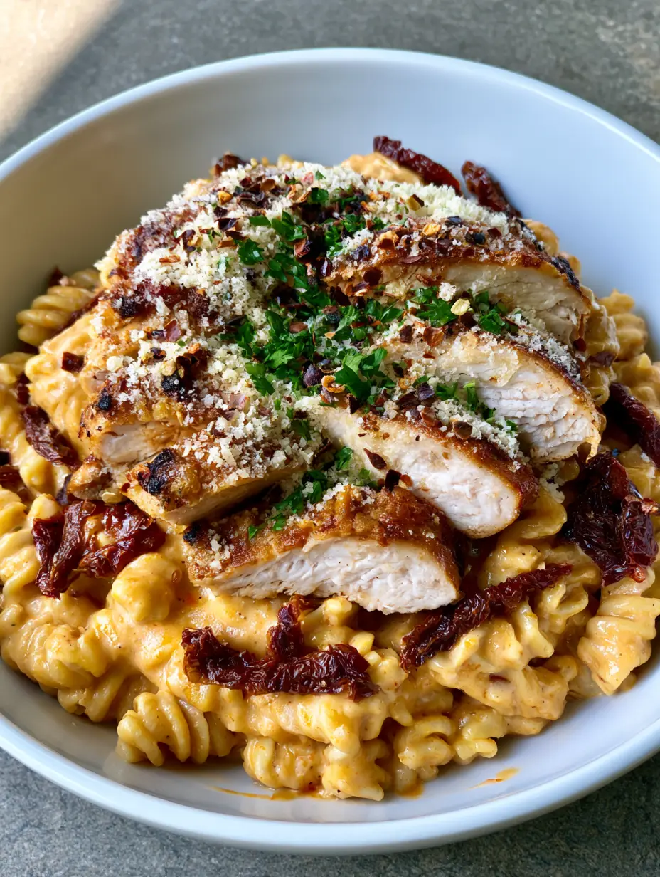 Marry Me Chicken Pasta Recipe with Sun-Dried Tomato Cream Sauce 3 Close-up of Marry Me Chicken Pasta showing the golden-brown seared chicken and orange-gold cream sauce. (Marry Me Chicken Pasta)