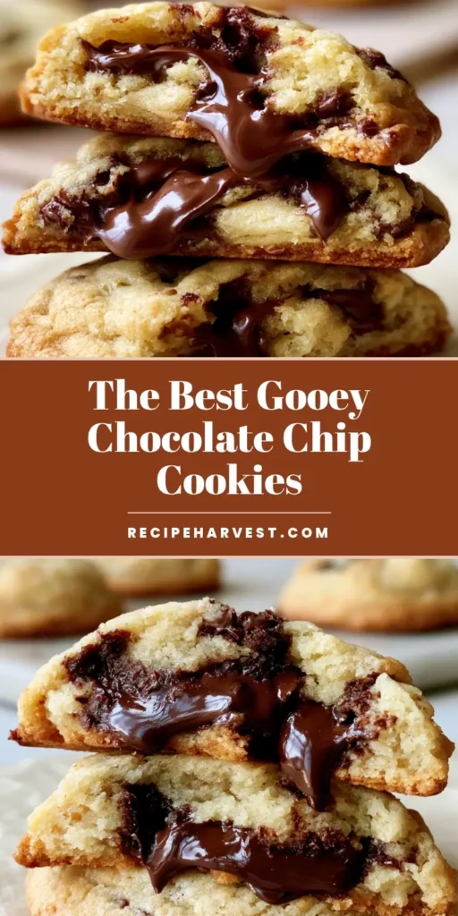 A stack of two thick bakery-style chocolate chip cookies broken open to reveal a soft underbaked cookie center and molten dark chocolate chunks on parchment paper. (chocolate chip cookie recipe)
