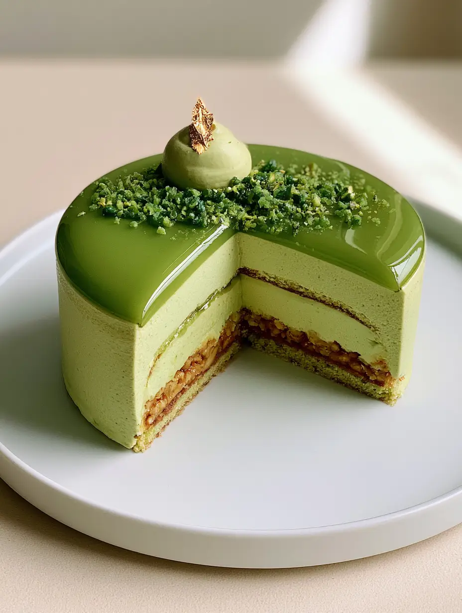 Pistachio Praline Entremet: The Ultimate French Pastry Masterpiece 3 A close-up of a Pistachio Praline Entremet with vibrant green mirror glaze and gold leaf garnish on a white plate.