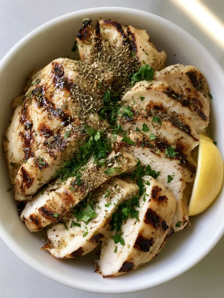 Greek Grilled Chicken pieces in a white bowl featuring dark brown grill char marks and lemon wedges.