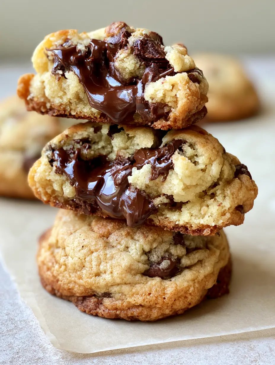 A close-up vertical shot of thick cookies with heavy molten pools of dark chocolate dripping between pale dough. (chocolate chip cookie recipe)