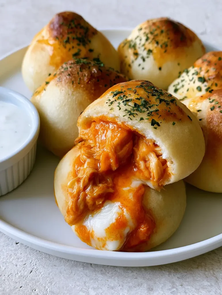 One Buffalo Chicken Bomb torn in half showing the glossy orange buffalo chicken and melted mozzarella cheese filling.