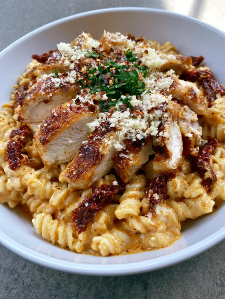 Marry Me Chicken Pasta Recipe with Sun-Dried Tomato Cream Sauce 1 Overhead view of a bowl of rotini pasta coated in sun-dried tomato cream sauce with parsley and parmesan.