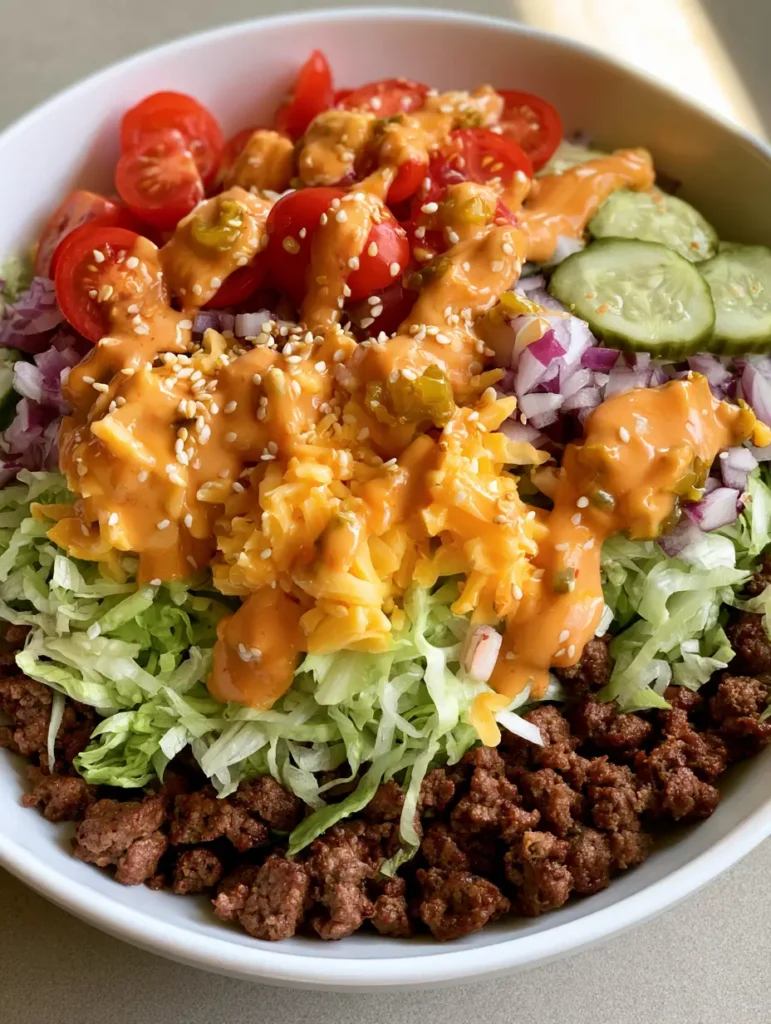 A completed High-Protein Cheeseburger Bowl drizzled with creamy orange sauce and toasted sesame seeds.