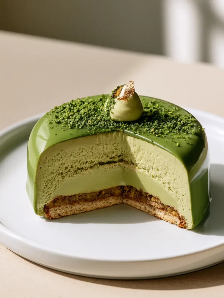 Pistachio Praline Entremet: The Ultimate French Pastry Masterpiece 1 Detailed view of the pistachio cream insert and crunchy praline layer inside a Pistachio Praline Entremet.