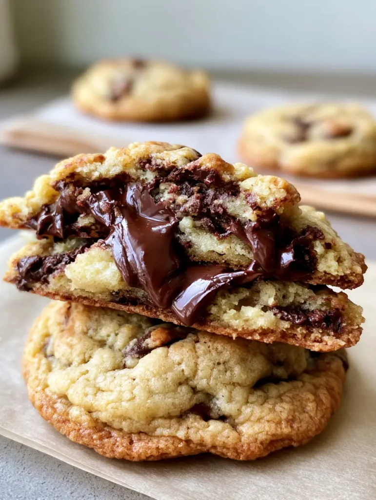 Golden-brown baked cookie dough with crisp textured edges and melted chocolate chunks on a neutral kitchen background.