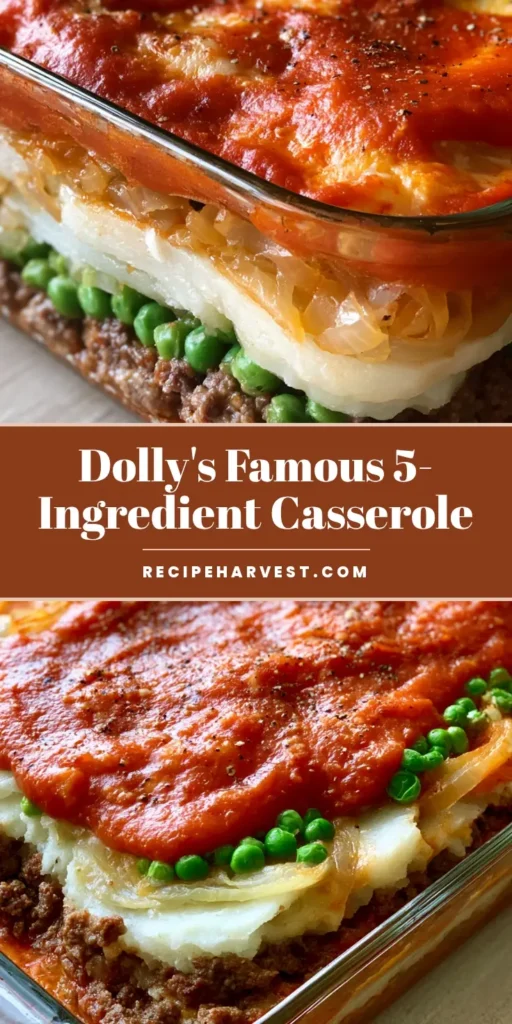 A close-up of the Dolly Parton 5 Ingredient Casserole in a glass dish showing layers of beef, potatoes, onions, and peas under a red tomato sauce glaze.