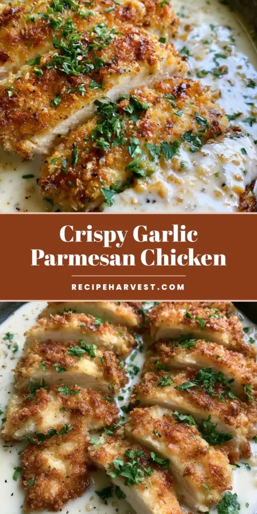 Sliced Parmesan Crusted Chicken in a rustic dark grey skillet with thick garlic cream sauce and fresh parsley.
