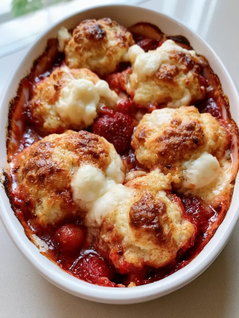 Keto Strawberry Cream Cheese Cobbler: The Ultimate Low-Carb Summer Dessert 1 Smartphone photo showing the golden-brown biscuit crust and melted white cream cheese dollops of the Keto Strawberry Cream Cheese Cobbler.