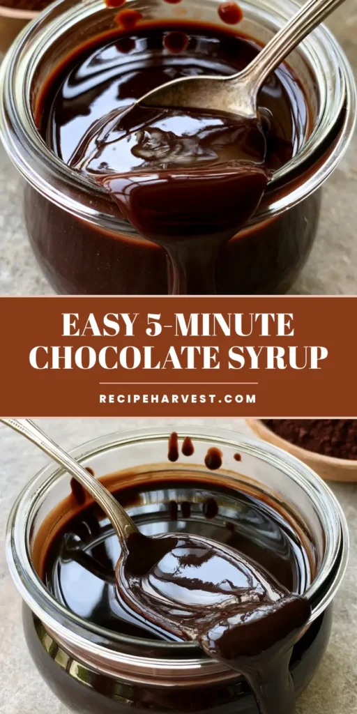 Homemade Chocolate Syrup: The Ultimate Glossy 5-Ingredient Recipe 4 A close-up of thick, glossy mahogany Homemade Chocolate Syrup cascading off a vintage silver spoon into a clear glass heritage jar on a stone countertop.