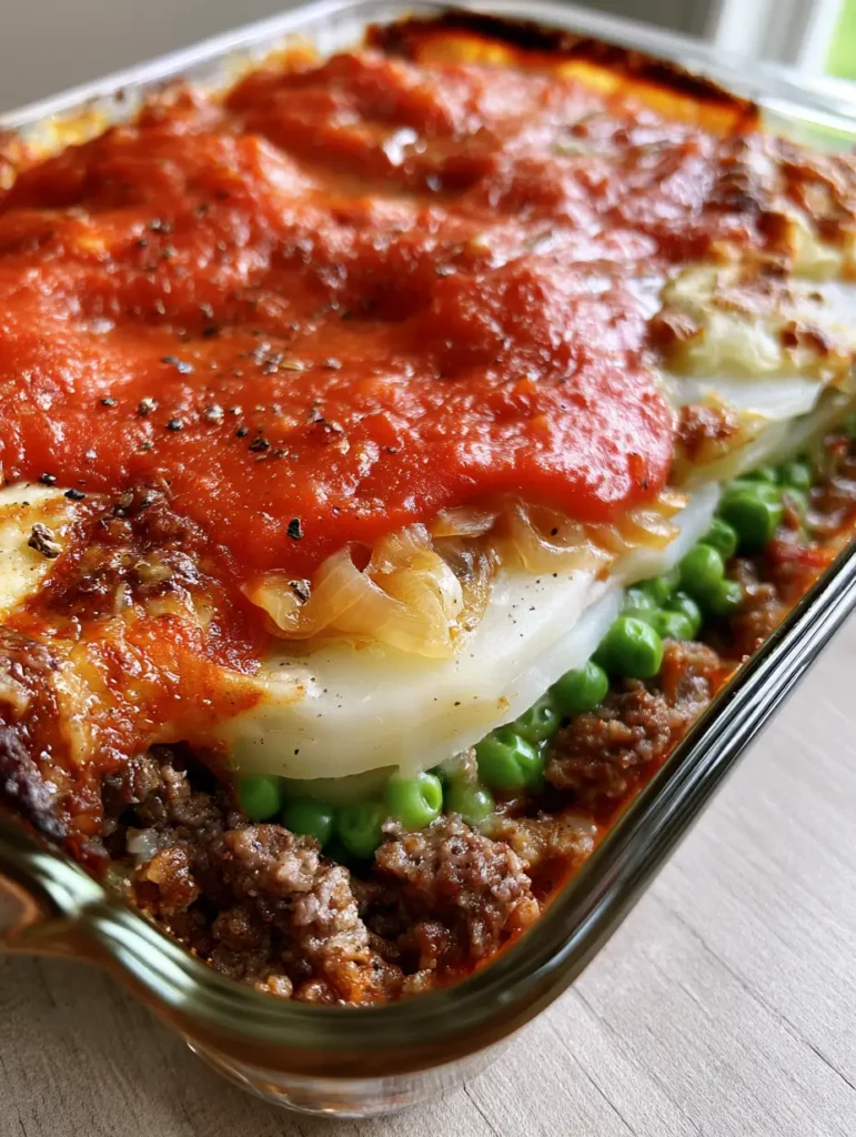 Top view of Dolly Parton 5 Ingredient Casserole with vibrant red tomato sauce and cracked black pepper.