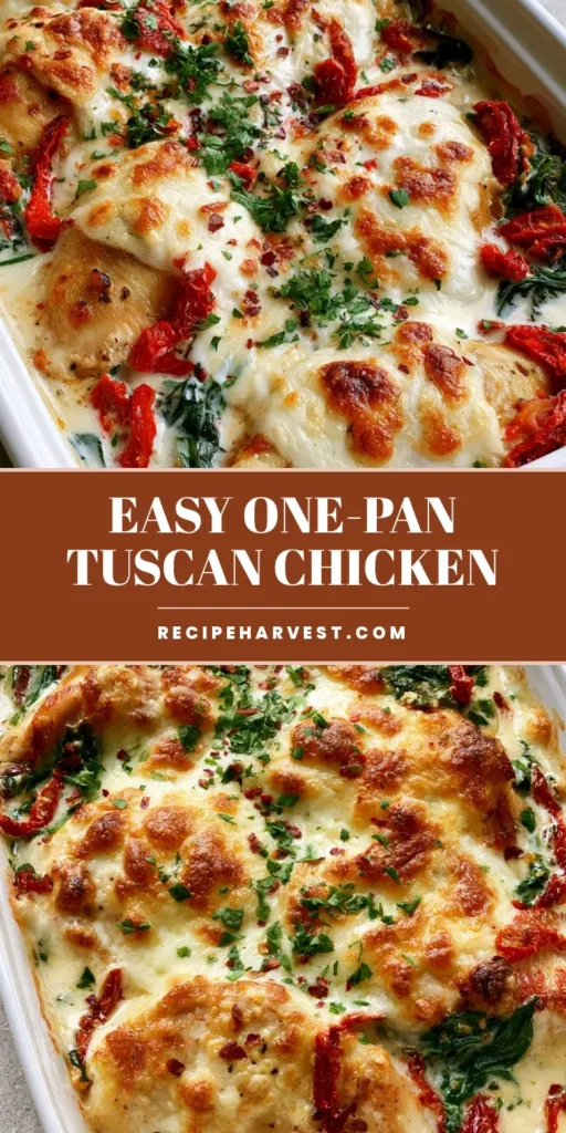 Baked Tuscan Chicken Casserole: The Creamy Garlic Dinner of Your Dreams 4 A bubbling Baked Tuscan Chicken Casserole in a white dish with golden cheese and red sun-dried tomatoes.