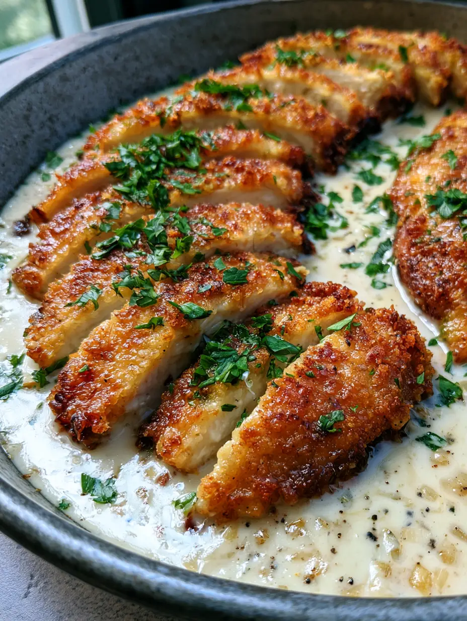 A handheld photo of crispy golden-brown chicken breast sliced over a white garlic sauce.