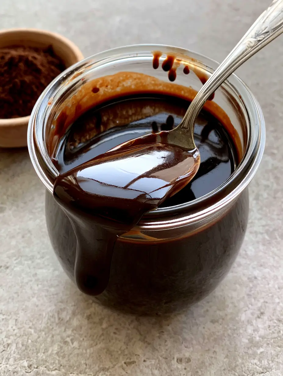 Homemade Chocolate Syrup: The Ultimate Glossy 5-Ingredient Recipe 3 A clear glass jar filled with viscous, reflective Homemade Chocolate Syrup with a silver spoon resting inside.