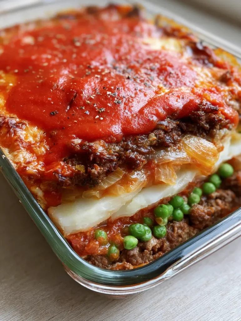 Side view of the 5 layers in the Dolly Parton 5 Ingredient Casserole through a glass baking dish.