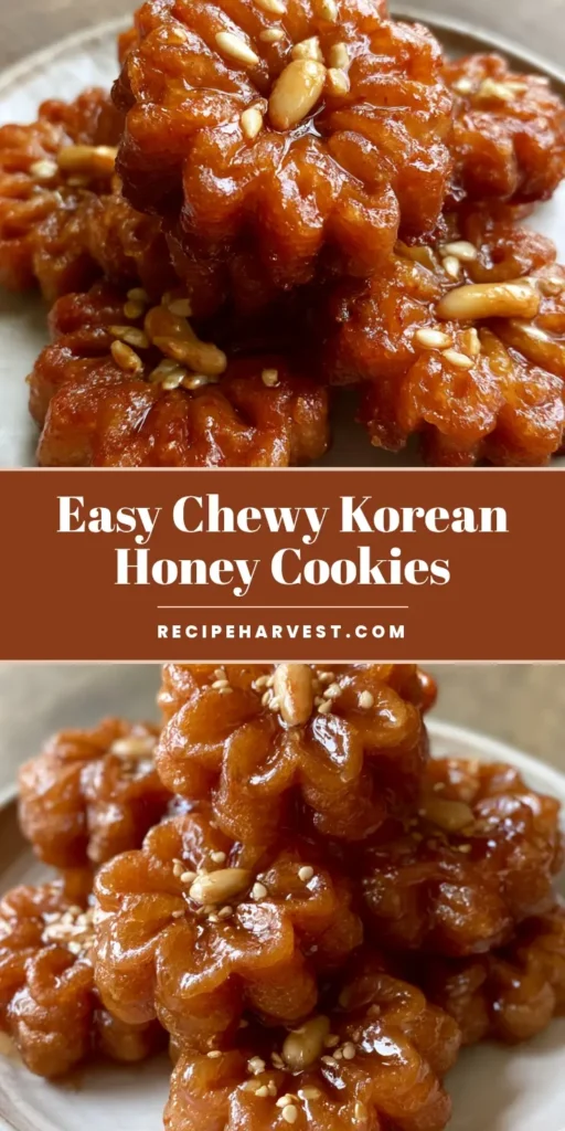 A stack of glistening golden-brown flower-shaped cookies with honey glaze, pine nuts, and sesame seeds. (Yakgwa Recipe)