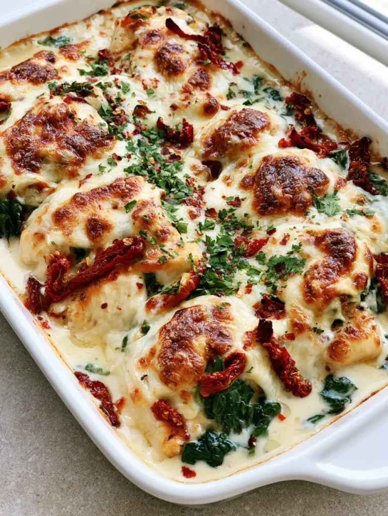 Close-up of seared chicken breast in ivory garlic cream sauce with spinach. (Baked Tuscan Chicken Casserole)