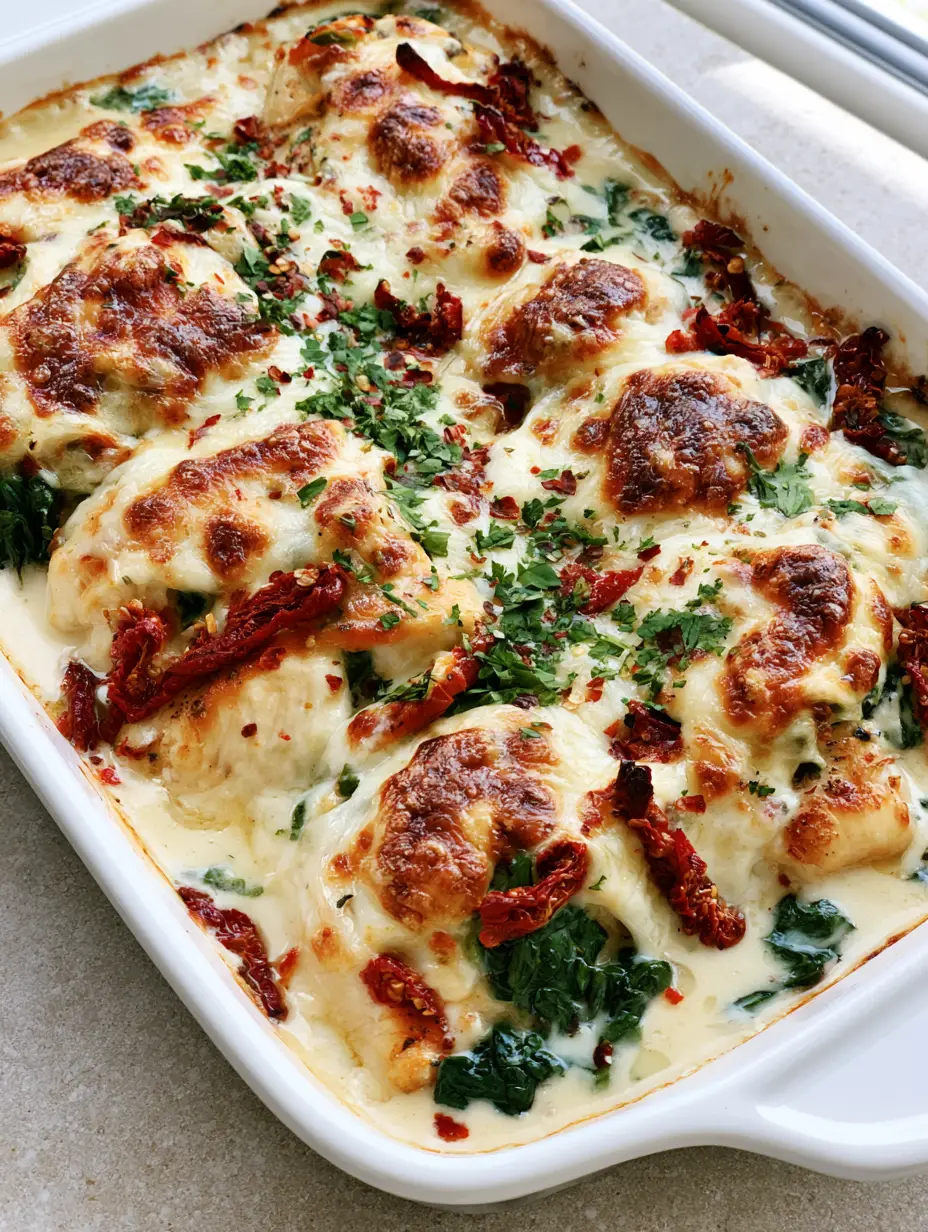 Baked Tuscan Chicken Casserole: The Creamy Garlic Dinner of Your Dreams 3 Close-up of seared chicken breast in ivory garlic cream sauce with spinach. (Baked Tuscan Chicken Casserole)