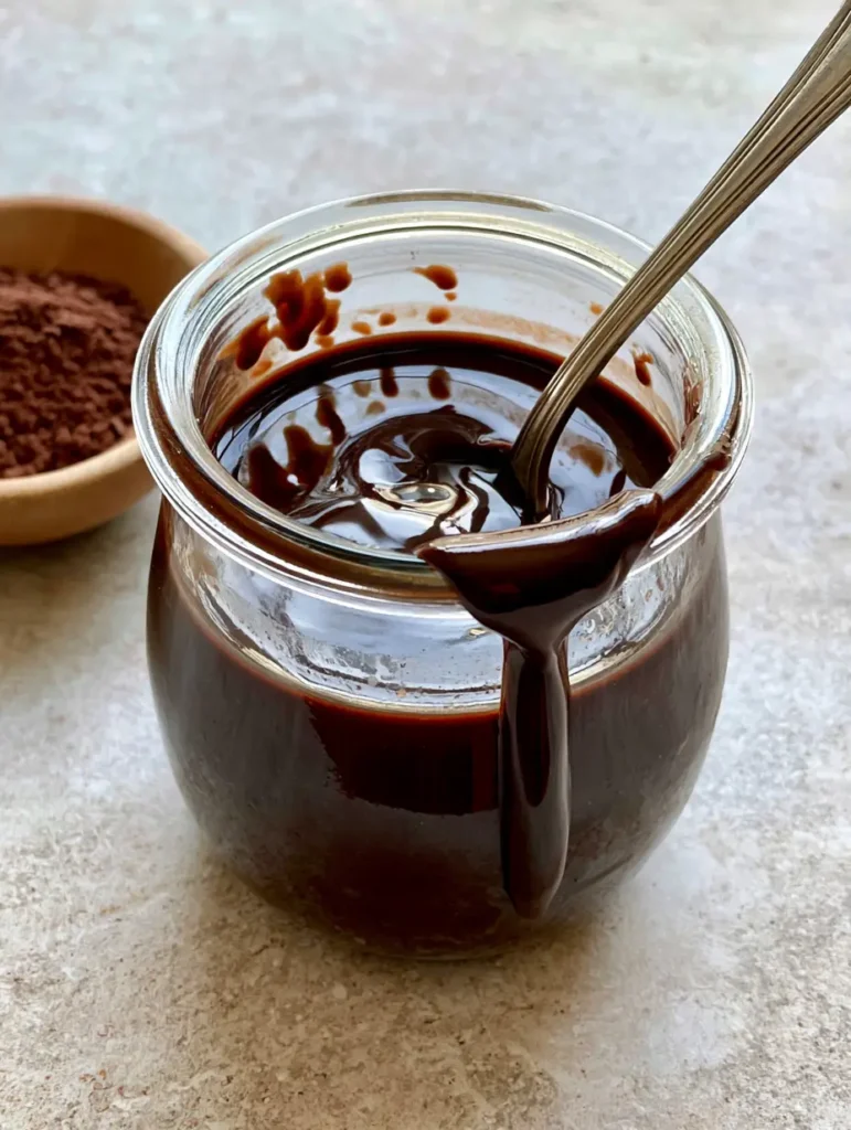 Homemade Chocolate Syrup: The Ultimate Glossy 5-Ingredient Recipe 1 Dark mahogany chocolate syrup with a highly reflective surface and a vintage spoon showing the thick viscosity.