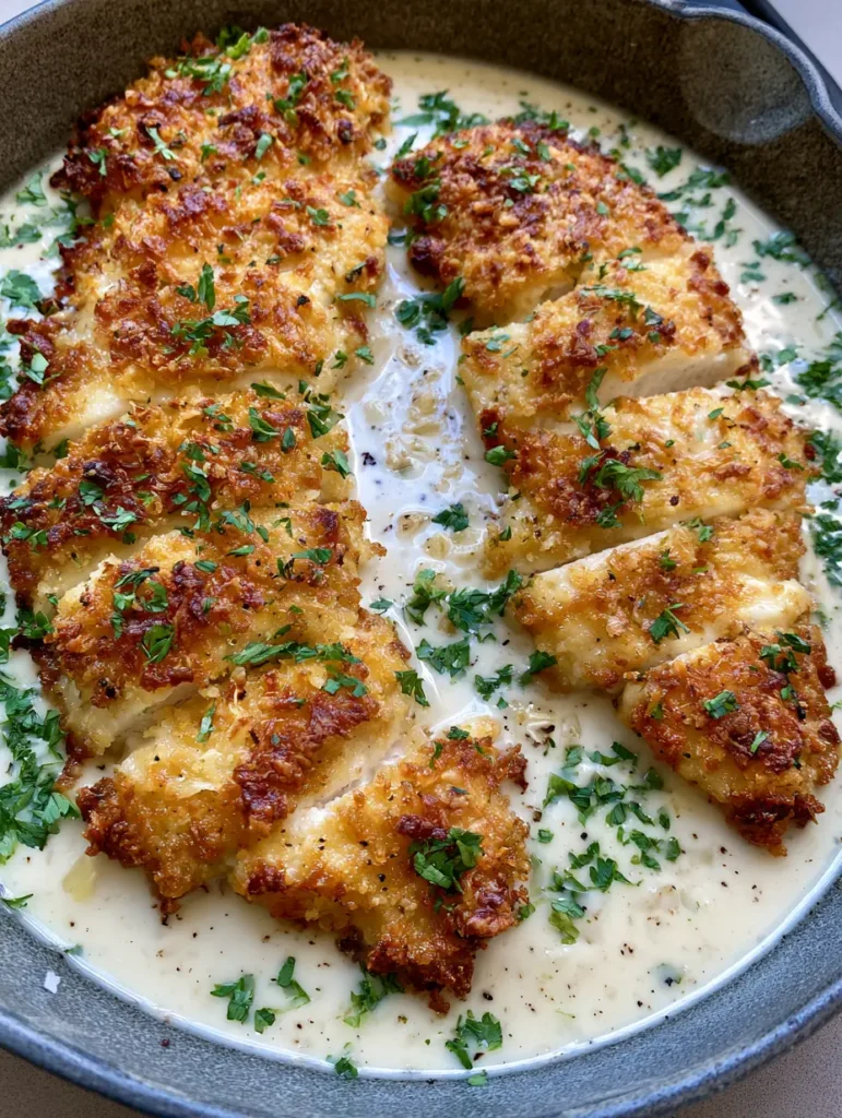 Overhead view of Parmesan Crusted Chicken in a glossy garlic cream sauce with parsley garnish.
