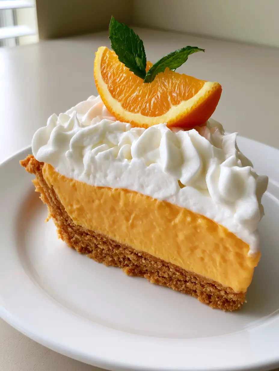 A close-up handheld smartphone photo of a single slice of Orange Creamsicle Pie on a white plate showing three distinct layers.
