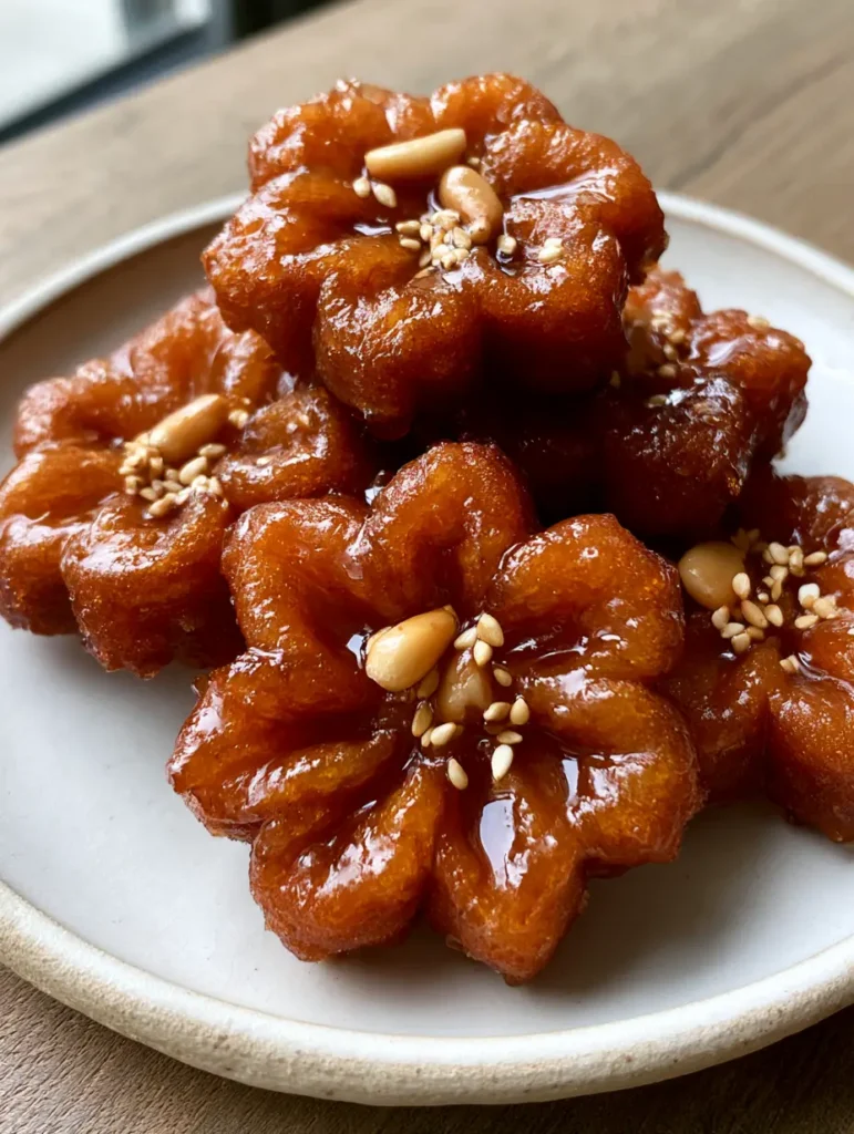Close-up of authentic Yakgwa cookies on a rustic white plate with scalloped edges and a translucent glaze. (Yakgwa Recipe)