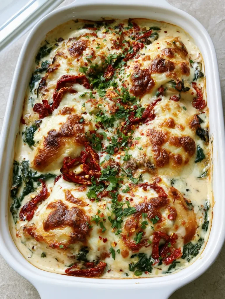 Baked Tuscan Chicken Casserole: The Creamy Garlic Dinner of Your Dreams 1 Overhead view of melted mozzarella and parmesan with golden-brown spots on a chicken casserole.