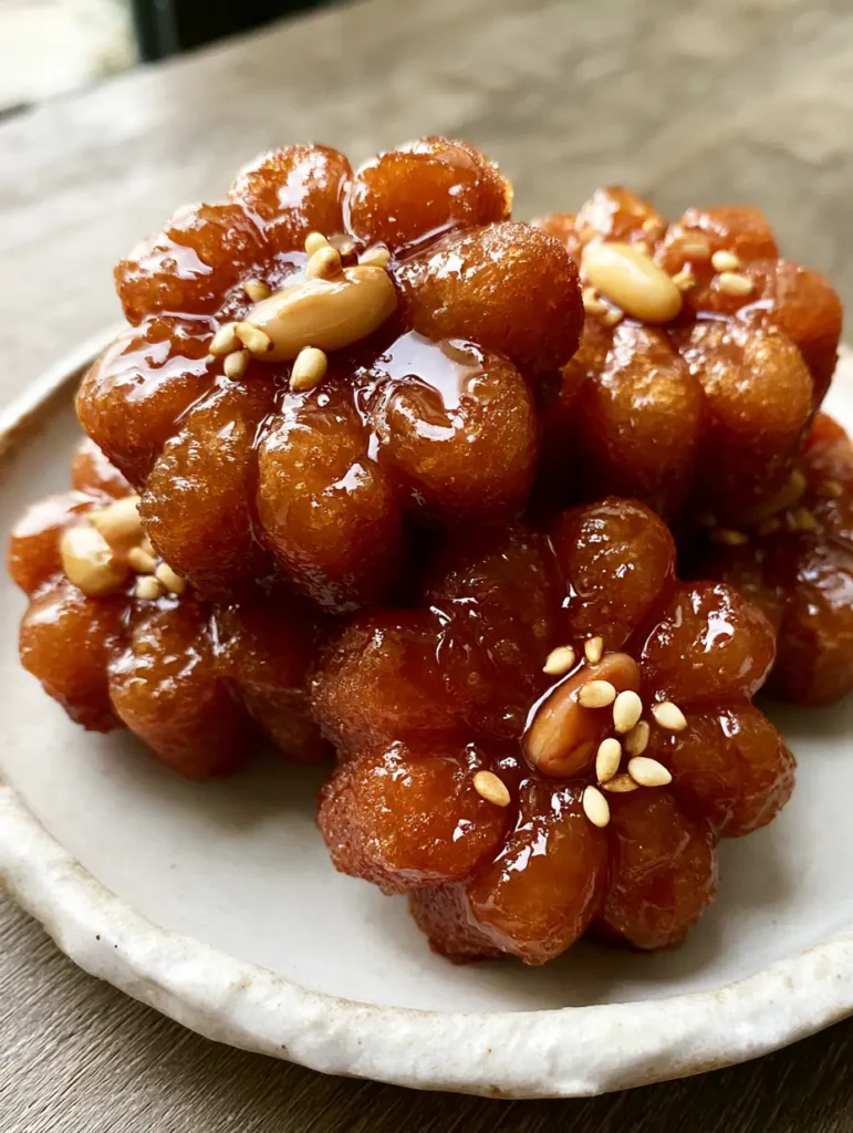 Handheld photo of a single Yakgwa cookie showing the dense texture and pine nut garnish. (Yakgwa Recipe)