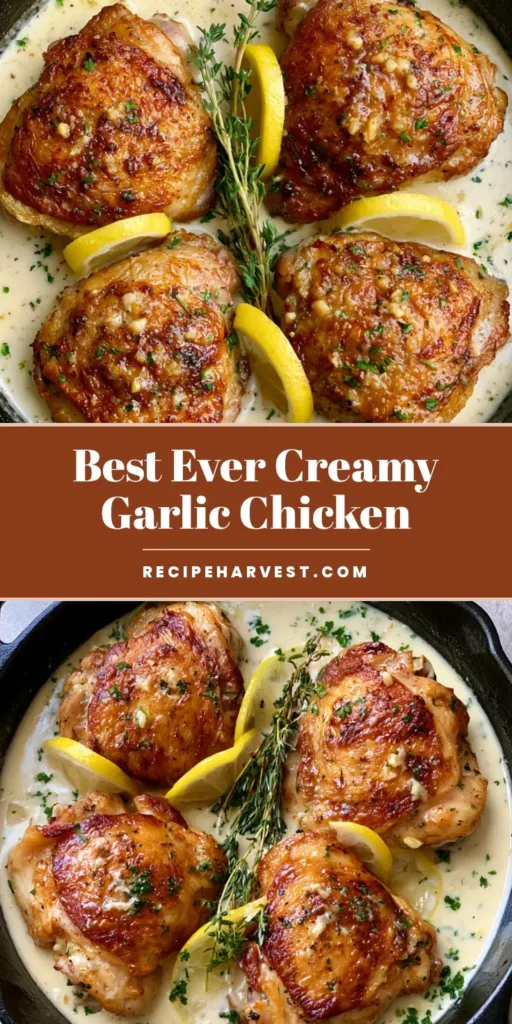 A close-up of Creamy Garlic Chicken Thighs in a cast iron skillet with golden crispy skin, fresh thyme sprigs, and lemon slices in a thick white sauce.